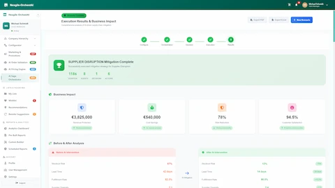 Execution Results & Business Impact - Success metrics including €3.8M revenue protected, €640K cost savings, 78% risk reduction, and before/after performance analysis