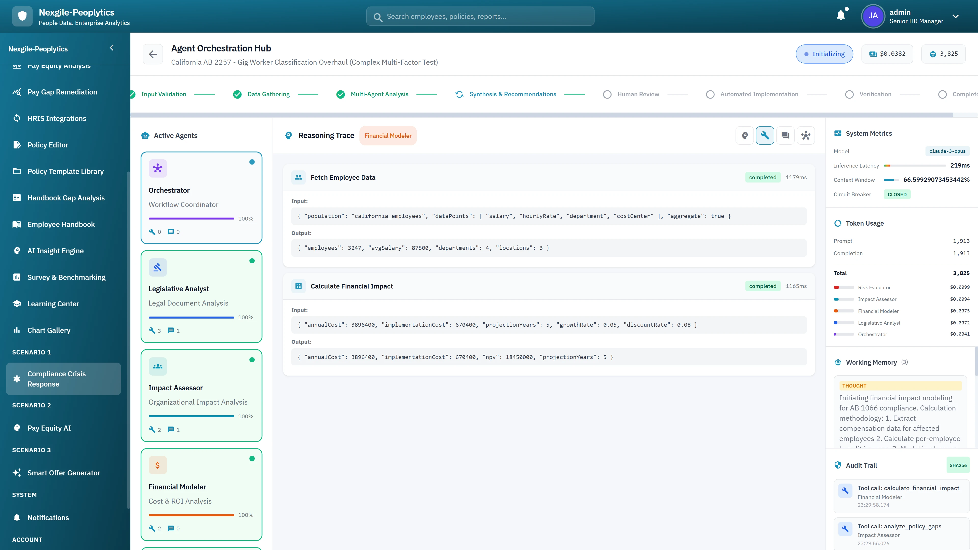 Agent Orchestration Hub - Active agents with reasoning trace, real-time code execution, token usage, and system metrics