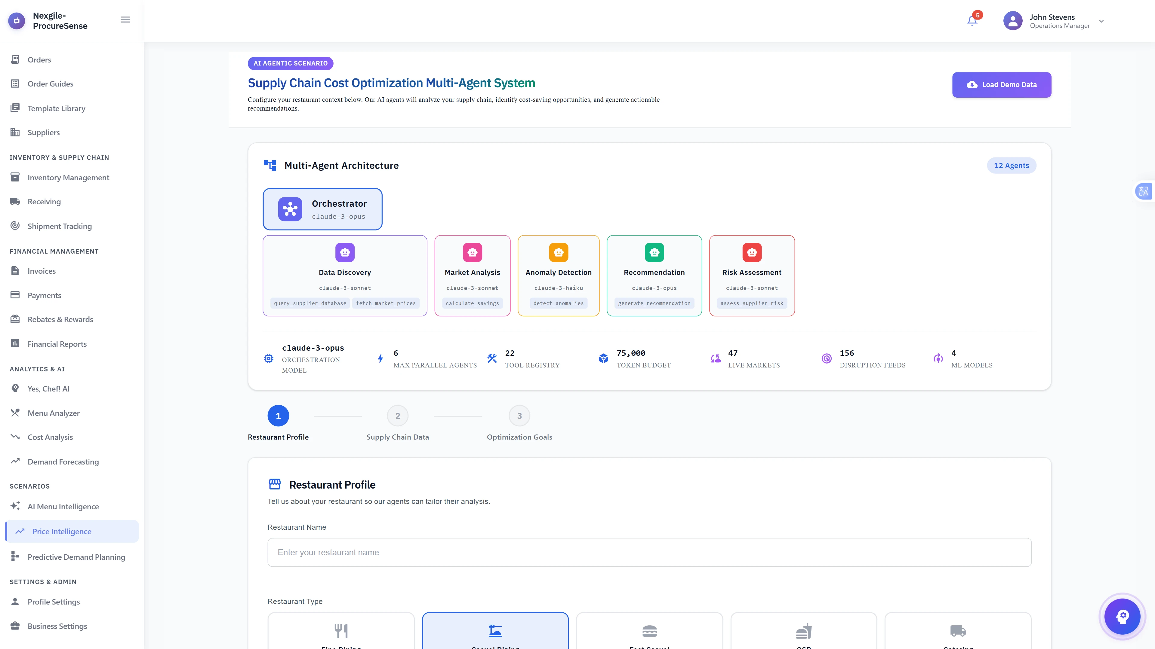 Multi-Agent Architecture Overview - System configuration showing 12 specialized AI agents (Orchestrator, Data Discovery, Market Analysis, Anomaly Detection, Recommendation, Risk Assessment) with architecture diagram, system specifications, and restaurant profile setup step.