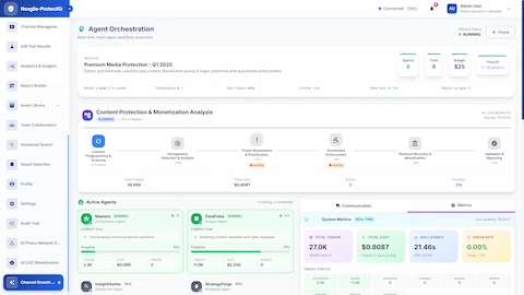 Agent orchestration dashboard showing real-time workflow execution with active agents, system metrics, and LLM performance tracking