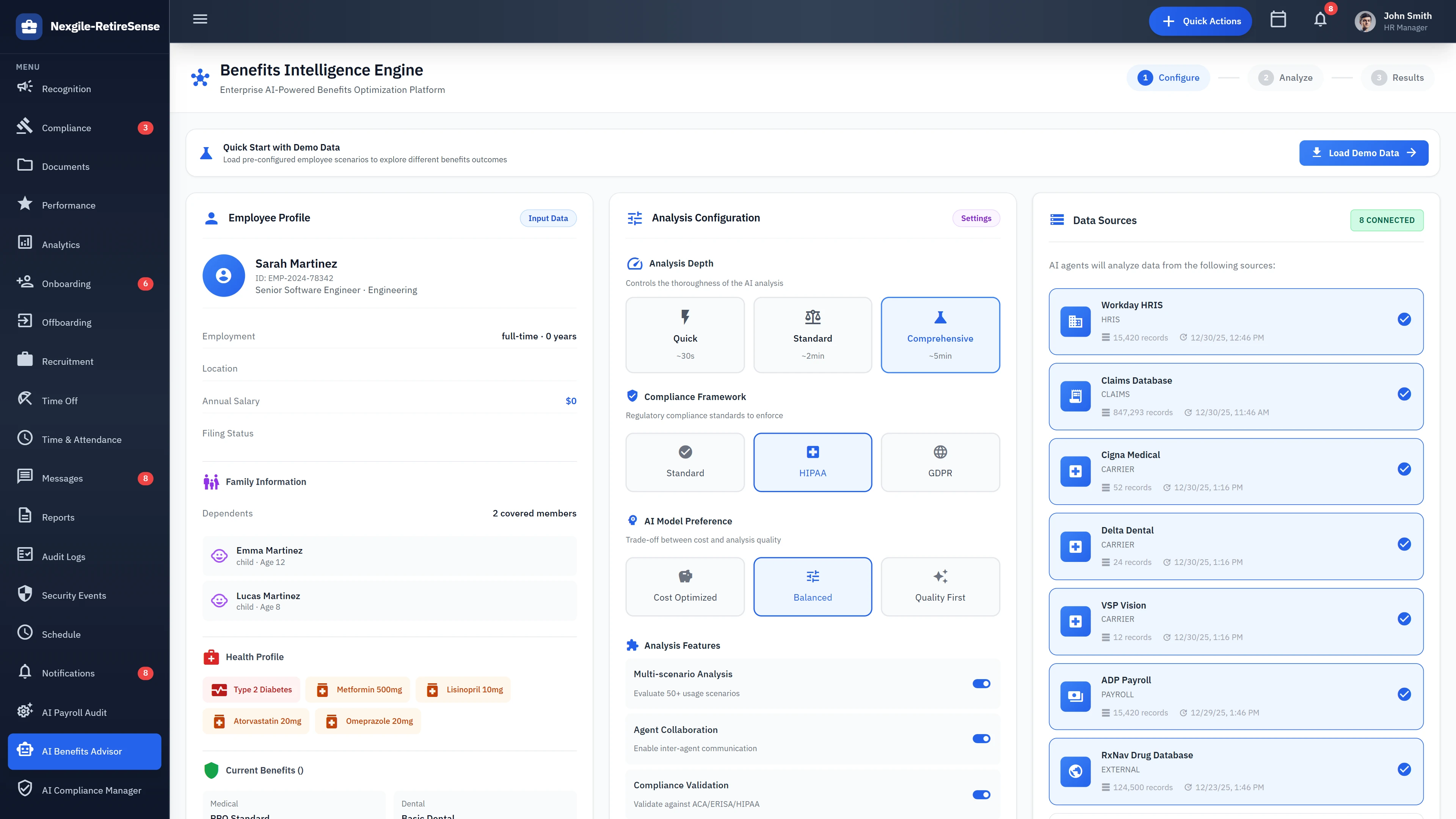 Benefits Configuration - Employee profile, analysis depth settings, and connected data sources