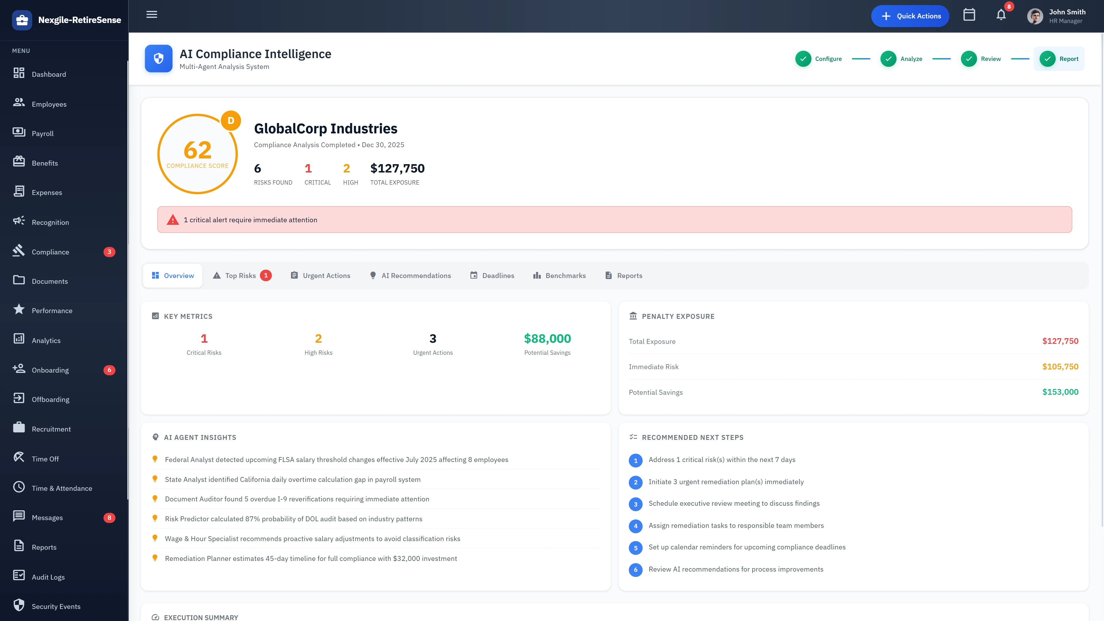 Compliance Analysis Results - Risk metrics, penalty exposure, AI agent insights, and recommended next steps