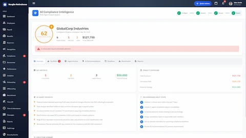 Compliance Analysis Results - Risk metrics, penalty exposure, AI agent insights, and recommended next steps