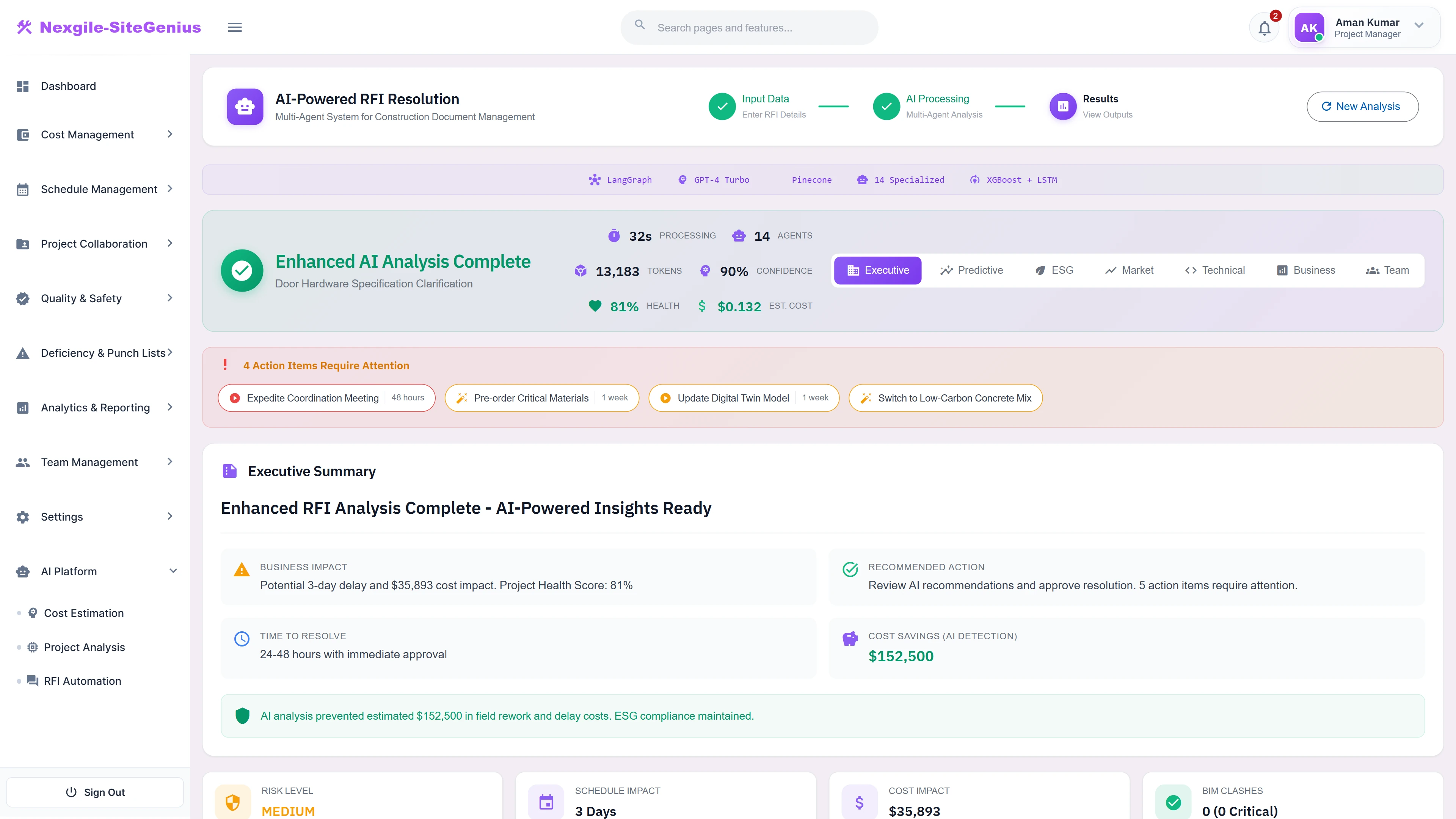 Executive Summary - Analysis results with business impact, resolution timeline, AI-detected cost savings, and prioritized action items.