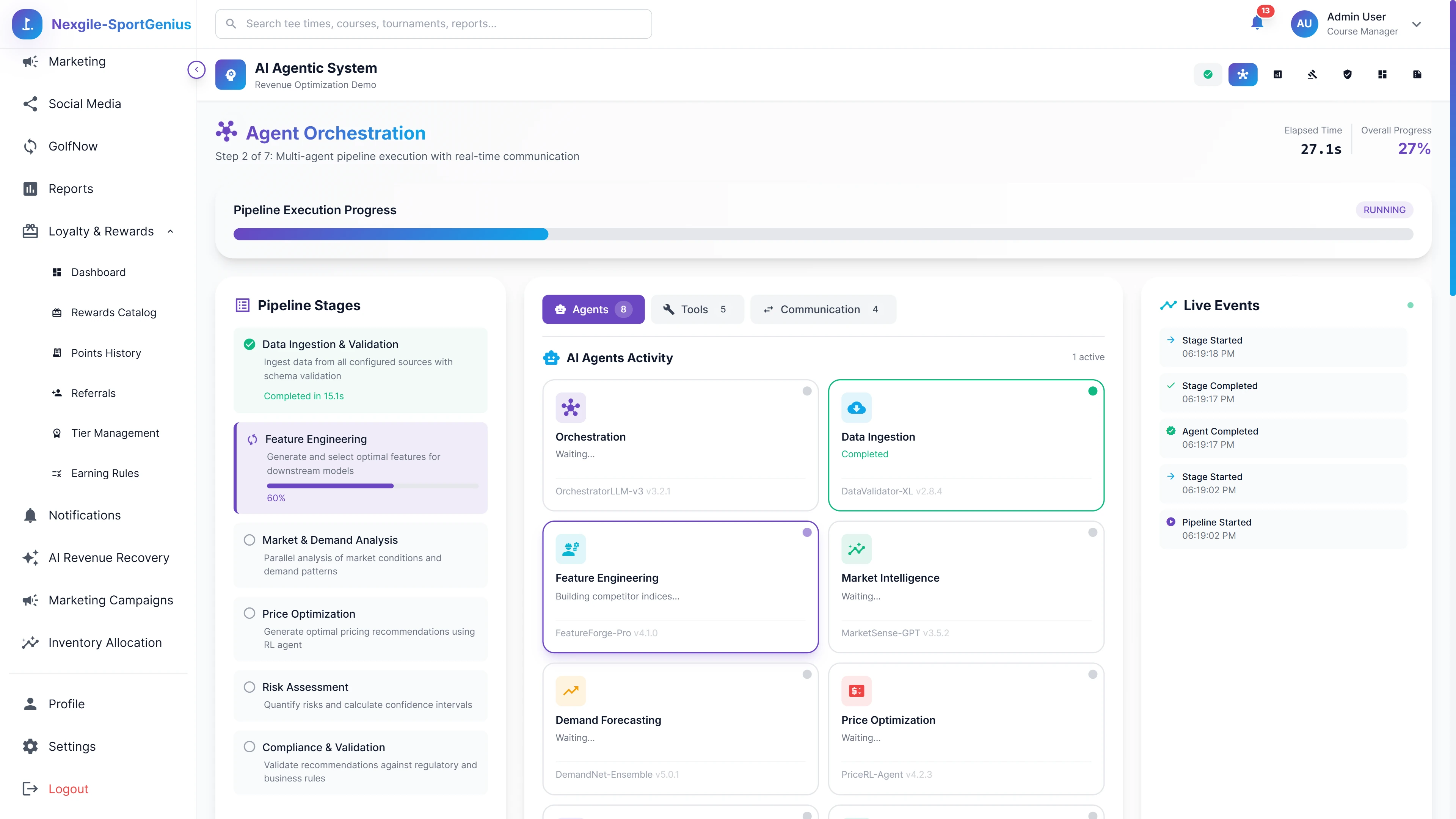 Real-Time Agent Orchestration - Multi-agent pipeline execution with 8 specialist agents collaborating through pipeline stages and live event monitoring