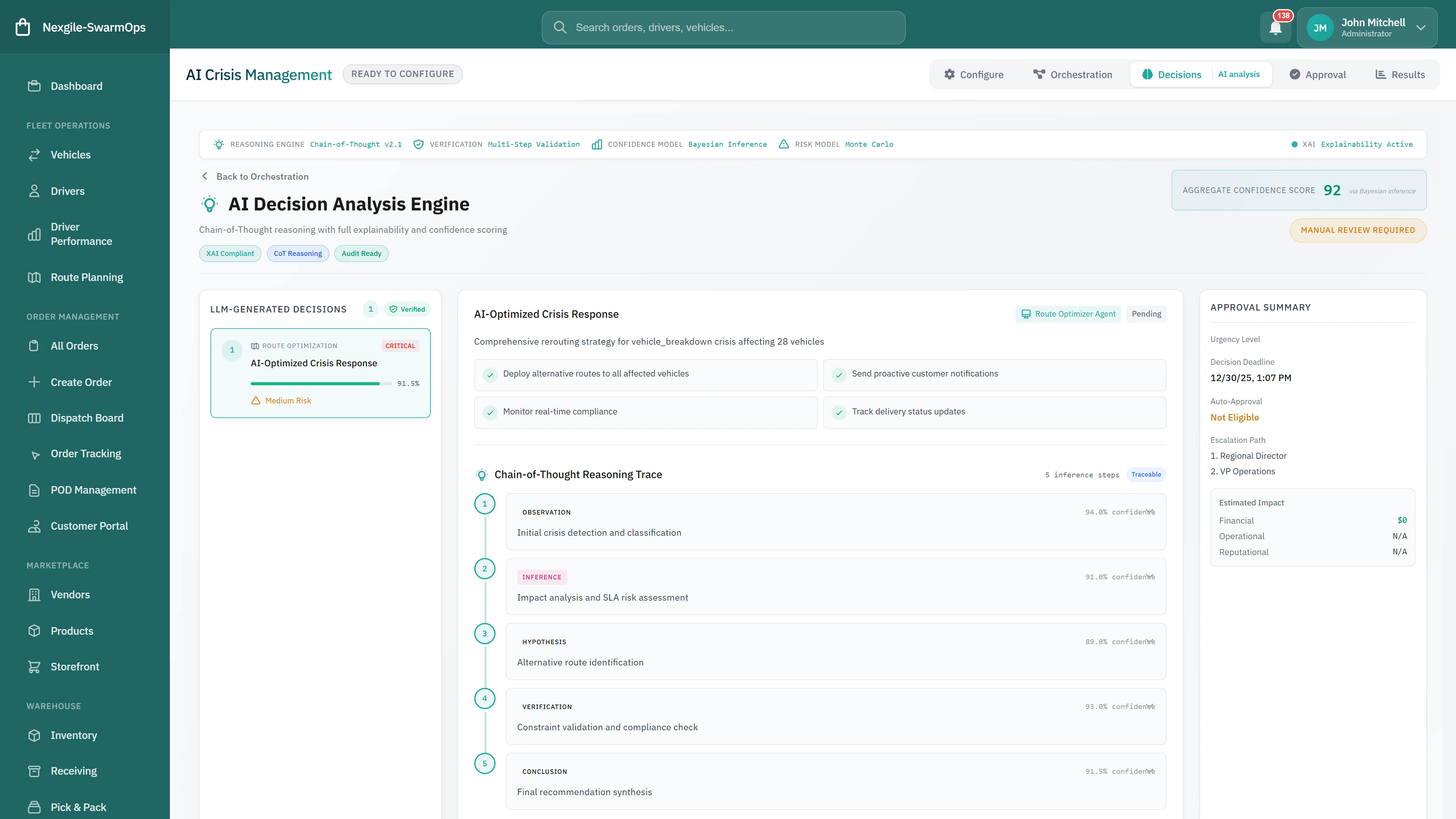 AI Decision Analysis Engine - Chain-of-thought reasoning trace showing observation, inference, hypothesis, verification, and conclusion steps with confidence scoring