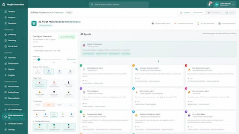 AI Fleet Maintenance Orchestrator - AI Agents configuration panel showing Master Orchestrator, Anomaly Detection, Risk Assessment, Planning, and Sustainability agents