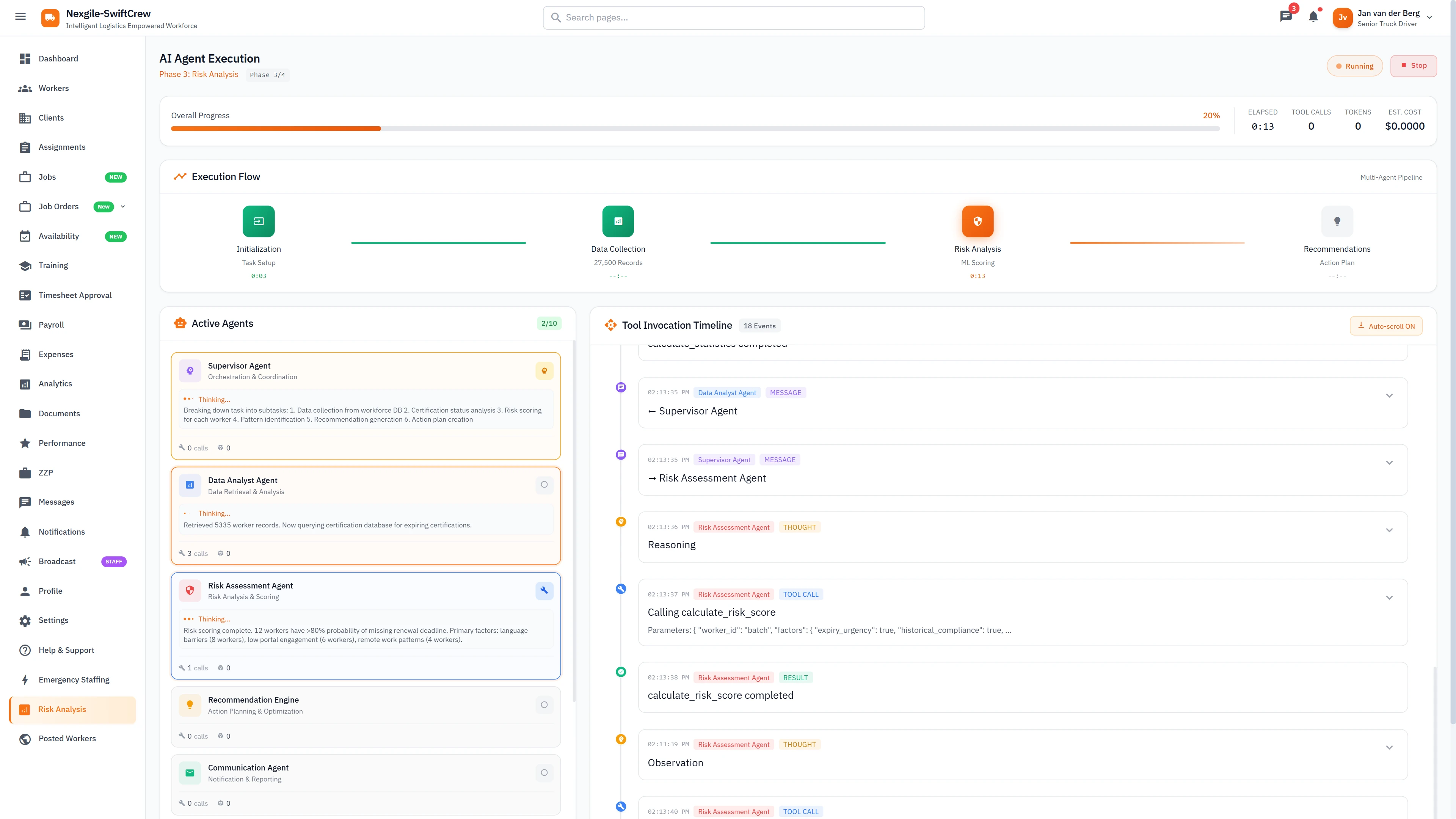 AI Agent Execution Flow - Pipeline stages, active agents panel, and tool invocation timeline with LLM reasoning