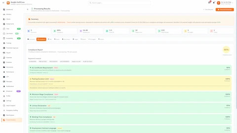 Compliance Report - Regulation analysis with pass/fail status, compliance scores, and actionable recommendations