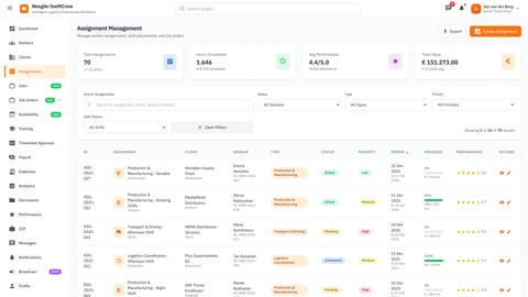 Assignments page - Worker job matching and assignment management interface