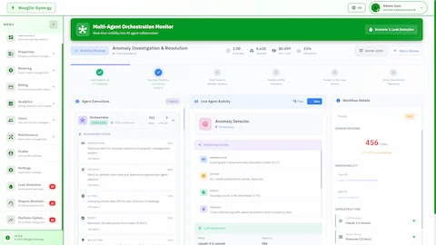 Multi-Agent Orchestration Monitor displaying 6-stage workflow progress, real-time agent reasoning chain with observation-thought-action-result steps, and live anomaly detector processing.