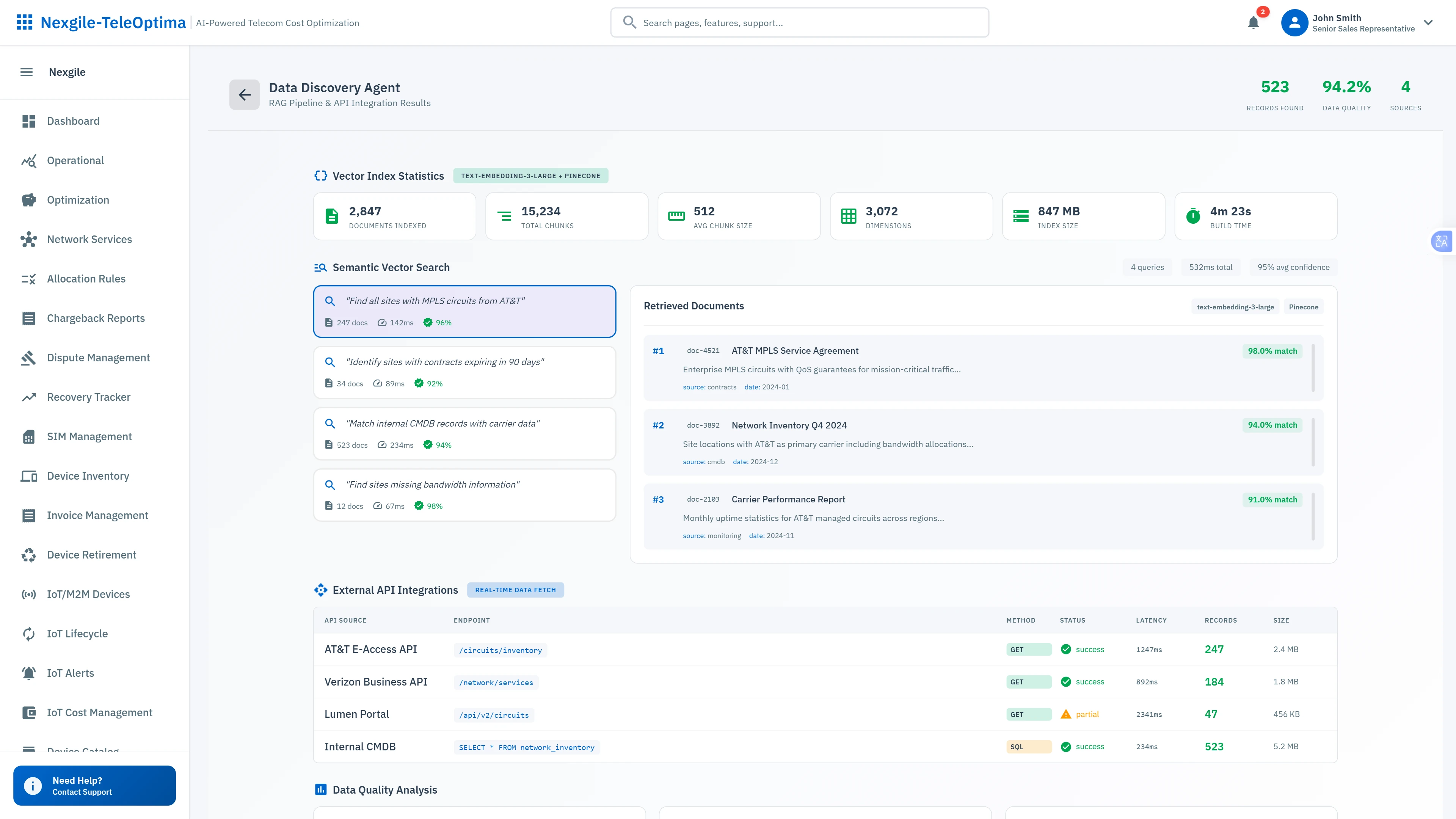 Data Discovery & RAG Pipeline - Vector search results, semantic queries, and real-time API integrations across carrier systems