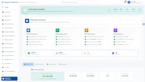 Execution Summary - Comprehensive analysis results with identified savings, compliance scores, and actionable recommendations