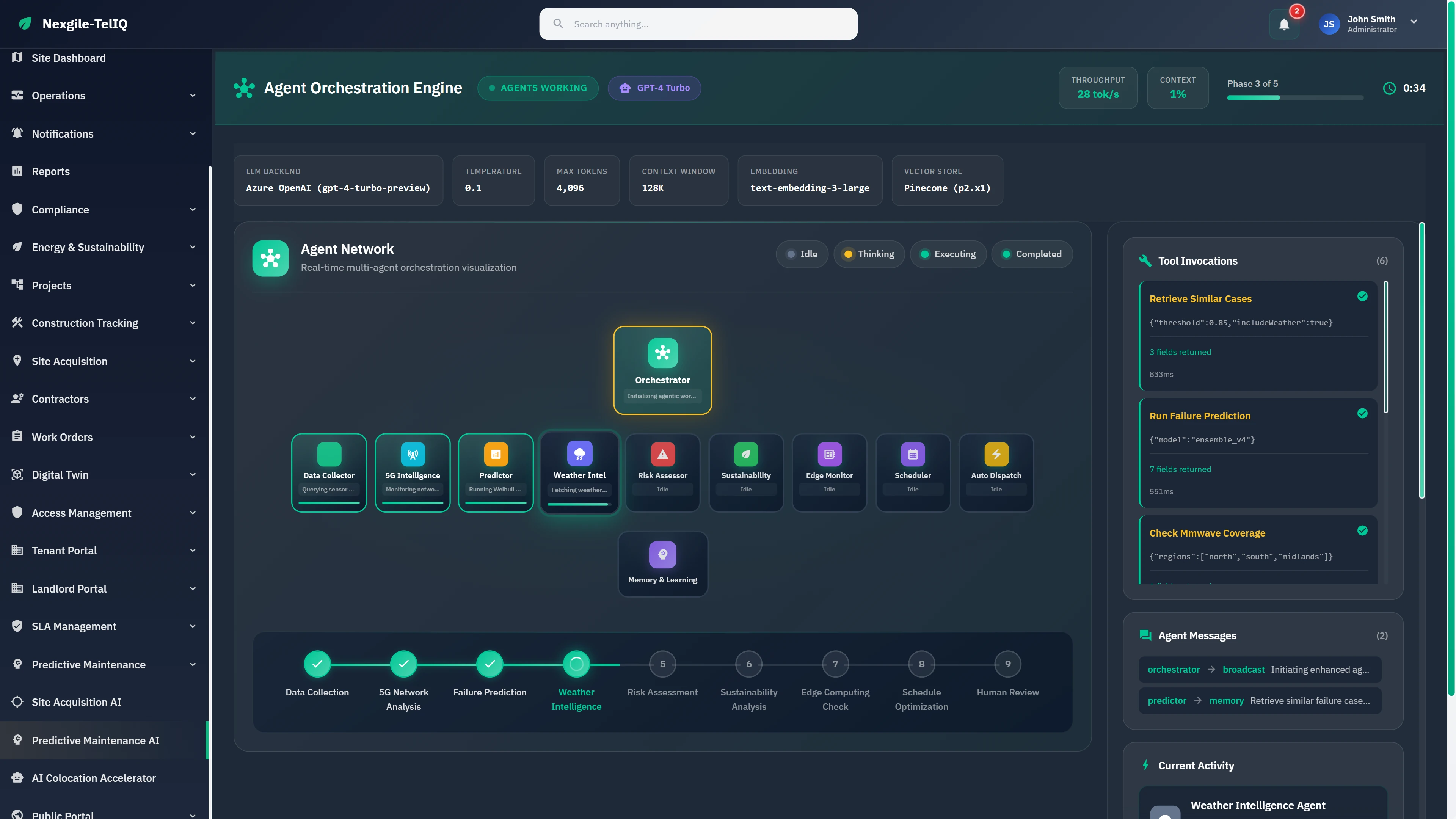 Agent Orchestration Engine displaying 11-agent network topology with real-time workflow phases and tool invocation tracking