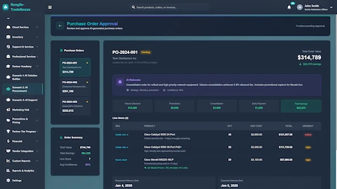 Purchase Order Approval - AI rationale with savings breakdown, line items, urgency indicators, and approval workflow