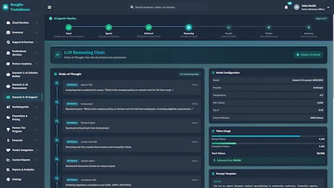 LLM Reasoning Chain - Chain-of-thought visualization with retrieval steps, token usage metrics, and cost tracking