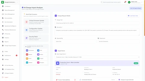 Change request submission interface for critical security patch analysis with device details, vulnerability data, and 11-agent ensemble